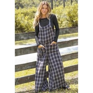 NATURAL LIFE Plaid Dakota Cottage core Jumpsuit in Purple Black Size Large